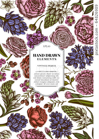 Card design with colored peony, carnation, ranunculus, wax flower, ornithogalum, hyacinth Card design with colored peony, carnation, ranunculus, wax flower, ornithogalum, hyacinth 64826989