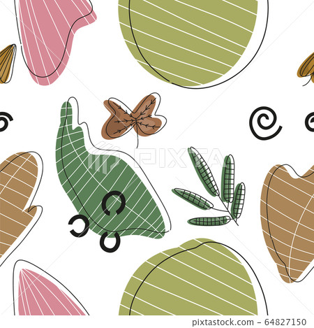 Seamless patern, illustration with leaves of different shapes and colors on a white background. 64827150