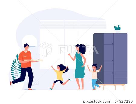 Pizza delivery. Happy kids, mother, boy with food box. Family waiting dinner vector illustration 64827289