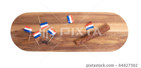 Wooden tray with frikadellen, just one left, a 64827302