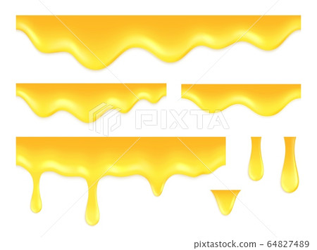 Dripping honey. Golden juice, melting syrup or sauce. Isolated realistic sweet drops, drip amber oil. Gold flow, 3d liquid vector background 64827489
