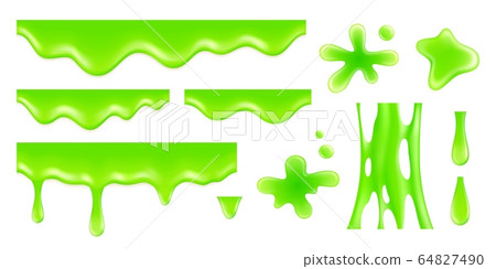 Realistic dripping slime. Radioactive green blobs and drop. Toxic fluid, slimy glow messy splat. Stretch jelly, sticky substance vector set 64827490