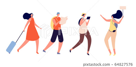 Tourists walking. Travel vacation, person trip luggage. International tour, travelers group explore world. Guided tour vector illustration Tourists walking. Travel vacation, person trip luggage. International tour, travelers group explore world. Guided tour vector illustration 64827576