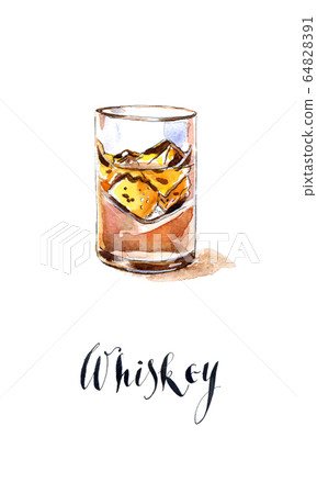 Glass with whiskey and ice 64828391