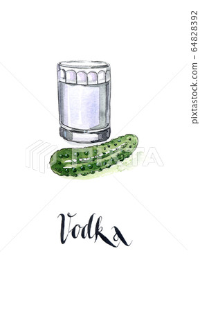Glass of Russian vodka, pickled cucumber, slightly salted 64828392