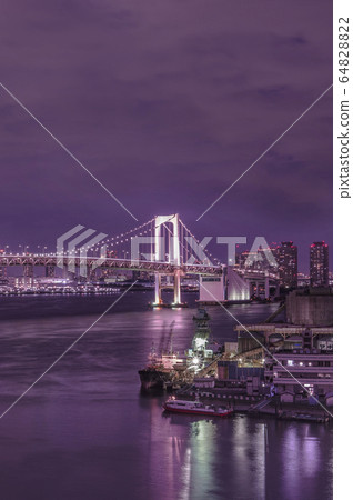 [東京/品川區]一艘貨輪停泊在東京台場灣港口碼頭，閃閃發亮的紫色夜景 64828822