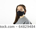 Portrait of young woman wearing black face mask isolated on gray background. Dust protection against virus. Coronavirus pandemic time. Female looking at camera 64829484
