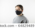 Portrait of young woman wearing black face mask isolated on gray background. Dust protection against virus. Coronavirus pandemic time. Female looking at camera 64829489