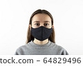 Portrait of young woman wearing black face mask isolated on gray background. Dust protection against virus. Coronavirus pandemic time. Female looking at camera 64829496
