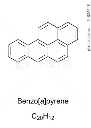 Benzopyrene skeletal formula and molecular structure. Polycyclic aromatic hydrocarbon, PAH. Carcinogenic. Can be found in coal tar, tobacco smoke and in grilled meat. Structure. Illustration. Vector. 64829648