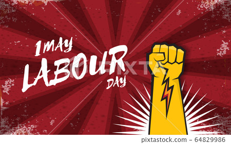 Happy labour day vector label with strong orange fist isolated
on red rays horizontal background. vector happy labor day
background or horizontal banner with man hand. red workers may day
poster