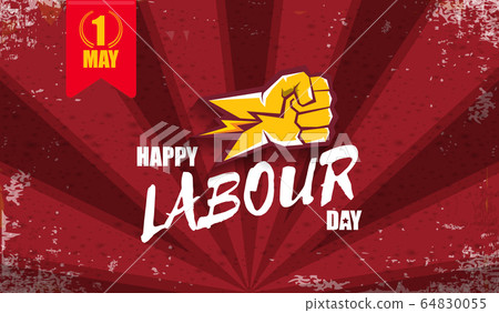 Happy labour day vector label with strong orange fist isolated on red rays horizontal background. vector happy labor day background or horizontal banner with man hand. red workers may day poster