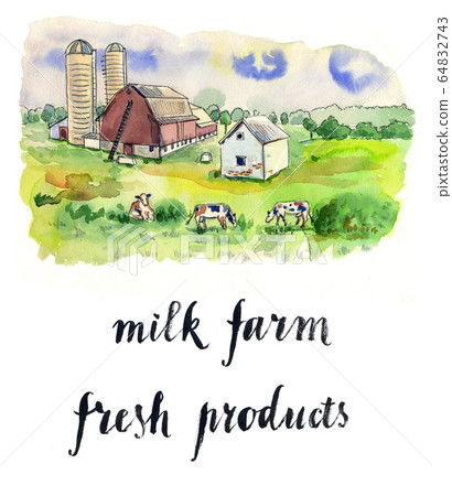 Three cows in a landscape and a farm Three cows in a landscape and a farm 64832743