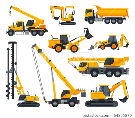 Construction Heavy Machinery Set, Heavy Special Transport, Truck, Excavator, Bulldozer, Crane Service Vehicles Vector Illustration 64835870