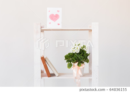 Picture of heart and books and indoor plant on a bookshelf. Minimal composition. Spring interior and moter's day concept. Picture of heart and books and indoor plant on a bookshelf. Minimal composition. Spring interior and moter's day concept. 64836155