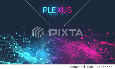Abstract scientific background with dynamic particles, wave flow. Plexus stream background. 3D data visualization with fractal elements. Cyberpunk style. Digital vector illustration 64836667