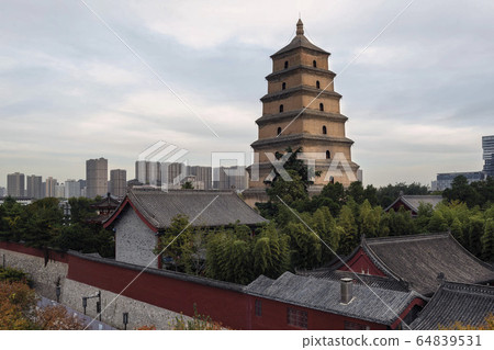 Aerial view of Giant Wild Goose Pagoda, Xi'an, Shaanxi, China 64839531