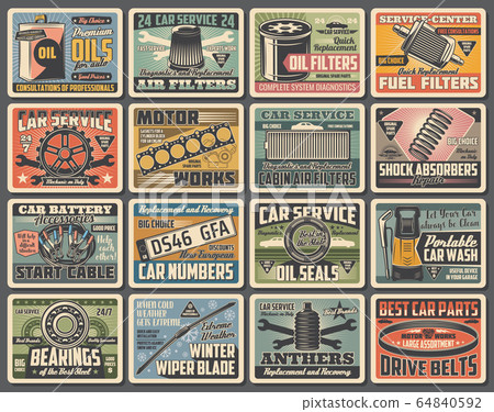 Car service, auto mechanic and parts retro posters Car service, auto mechanic and parts retro posters 64840592