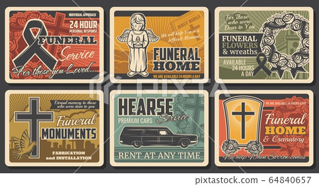 Posters of funeral service, tombs and RIP wreath 64840657
