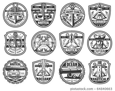 Nautical icons, marine seafarer ship, anchor, helm 64840663