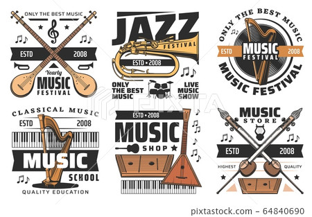 Music instruments store, live music festival icons Music instruments store, live music festival icons 64840690