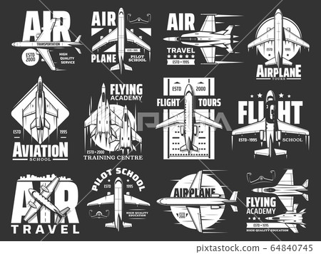 Air travel, pilot flight school and aviation icons Air travel, pilot flight school and aviation icons 64840745
