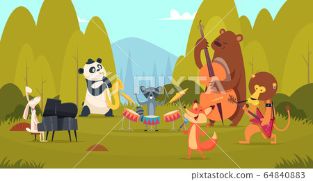 Animals musicians in forest. Music band playing on instruments in the green meadow zoo vocal entertainment voice band vector background 64840883
