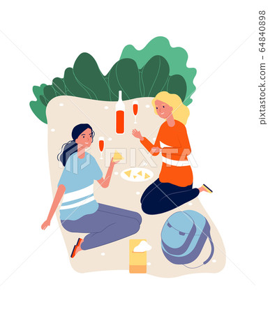 Girls spend time together. Women in love drinking wine and talking. Girlfriends on picnic, relaxing on nature vector illustration 64840898