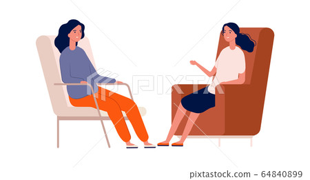 Friends talking. Girls meeting, woman has problems. Psyhotherapy, psyhologist and patient vector illustration 64840899