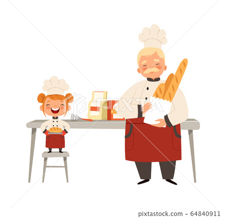 Baking workshop. Smiling girl and chef in uniform cooking fresh bread. Happy time with grandfather vector illustration Baking workshop. Smiling girl and chef in uniform cooking fresh bread. Happy time with grandfather vector illustration 64840911