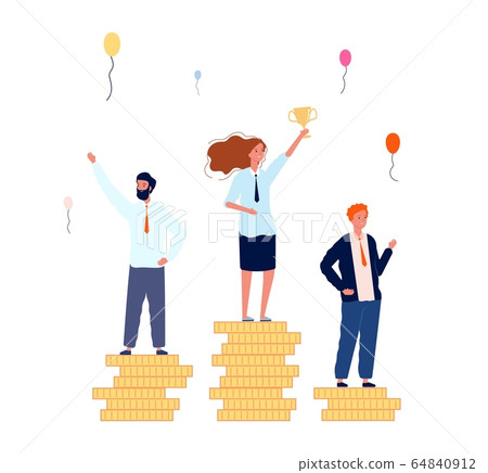 Winner ranking. Businessmen on money pedestals. Woman with golden victory cup vector concept Winner ranking. Businessmen on money pedestals. Woman with golden victory cup vector concept 64840912