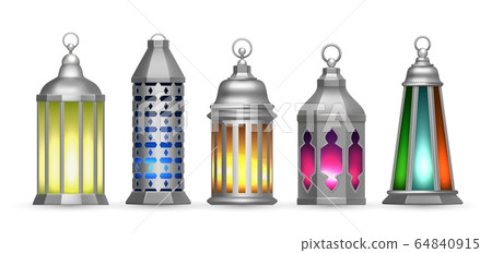 Realistic silver arab lamps. Colorful oriental lanterns, isolated islamic decorative lights vector set 64840915