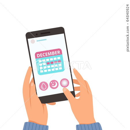 Menstrual calendar. Online female cycle app. Hands hold smartphone with month planner vector illustration Menstrual calendar. Online female cycle app. Hands hold smartphone with month planner vector illustration 64840924