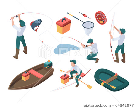 Fishing hobbies. Sport fisherman relaxing at nature spinning and rod rubber boat in river vector isometric people 64841077