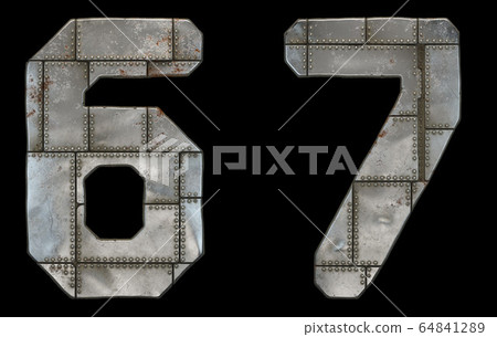 Set of numbers 6, 7 made of industrial metal on black background 3d 64841289