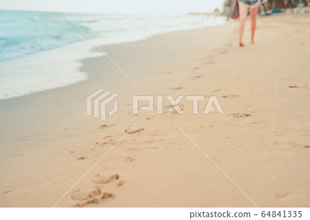 foot print on sand beach with soft focus beach foot print on sand beach with soft focus beach 64841335