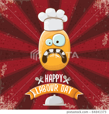 International workers day or 1 may labour day greeting card with funny cartoon tiny brown smiling chef potato with chef hat isolated on red background with rays. May day poster design template 64841373
