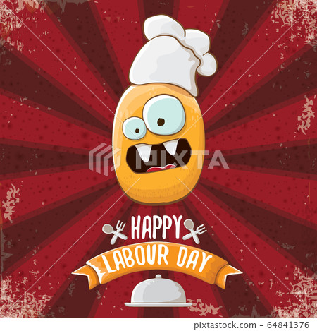 International workers day or 1 may labour day greeting card with funny cartoon tiny brown smiling chef potato with chef hat isolated on red background with rays. May day poster design template International workers day or 1 may labour day greeting card with funny cartoon tiny brown smiling chef potato with chef hat isolated on red background with rays. May day poster design template 64841376