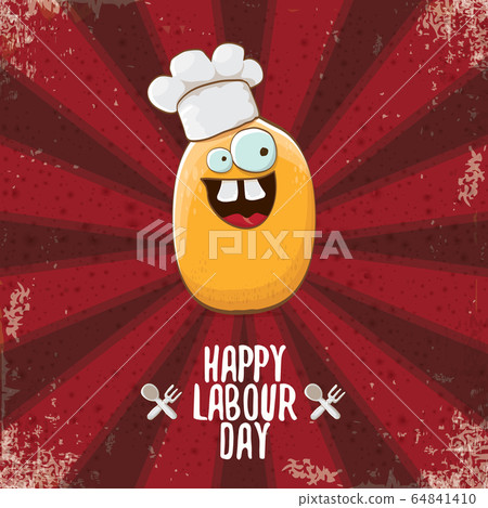 International workers day or 1 may labour day greeting card with funny cartoon tiny brown smiling chef potato with chef hat isolated on red background with rays. May day poster design template International workers day or 1 may labour day greeting card with funny cartoon tiny brown smiling chef potato with chef hat isolated on red background with rays. May day poster design template 64841410