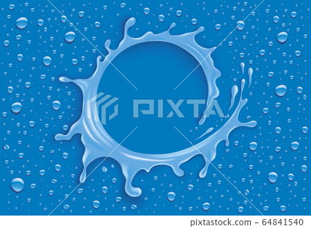 blue water splash with many drops and place for text	 64841540