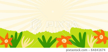 Vector abstract landscape, sunshine, plants, grass. Flat style hand drawn illustration with copy space for text. Simple cartoon design banner. Vector abstract landscape, sunshine, plants, grass. Flat style hand drawn illustration with copy space for text. Simple cartoon design banner. 64841674
