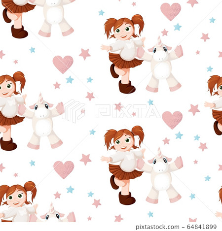 Seamless pattern with hand drawn beautiful cute little girl and unicorn 64841899