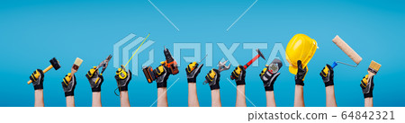Workers hands with different tools on empty blue background Workers hands with different tools on empty blue background 64842321
