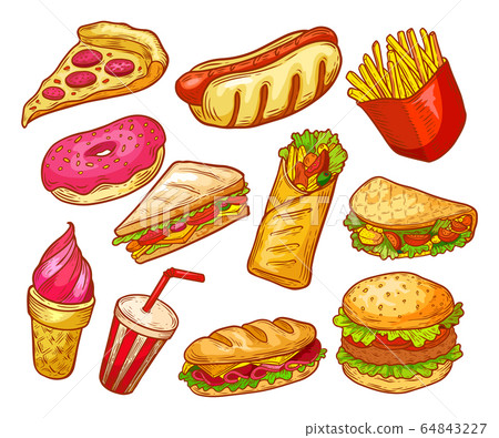 Fast food sandwiches, burgers and drinks sketch Fast food sandwiches, burgers and drinks sketch 64843227