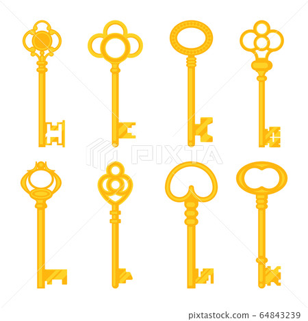 Vintage keys, yellow old icons, ornate heads 64843239