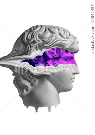Plaster sculpture of young man face in a pop art style. Statue of Antinous head. Creative concept colorful neon image with ancient roman sculpture Antinous head. Cyberpunk, webpunk and surreal style. 64843497