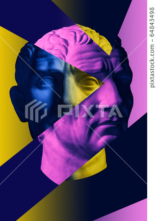 Collage with plaster antique sculpture of human face in a pop art style. Creative concept colorful neon image with ancient statue head. Cyberpunk, webpunk and surreal style poster. 64843498