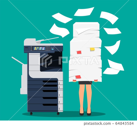 Businesswoman in pile of papers. 64843584