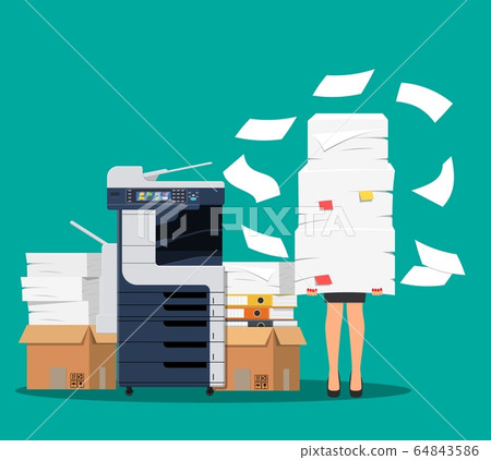 Businesswoman in pile of papers. 64843586
