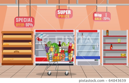 Supermarket store interior with goods. Supermarket store interior with goods. 64843639